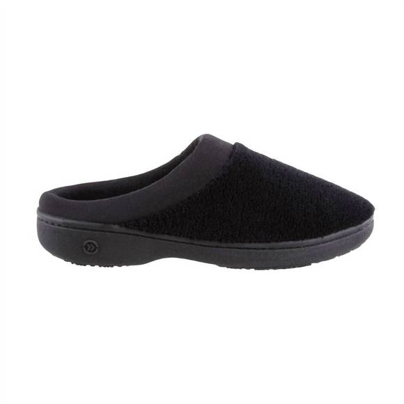 NEW ISOTONER women's microterry pillowstep satin cuff clog slipper in black - Picture 2 of 4